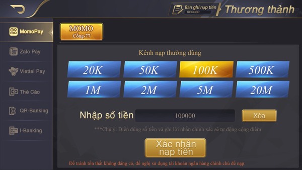 nạp tiền EE88 qua Momo